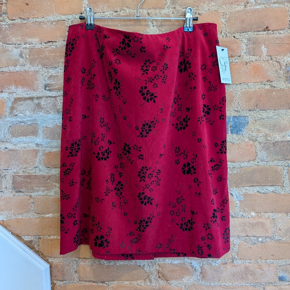 Vintage 90s Red Faux Suede with Black Flocking Pencil Skirt